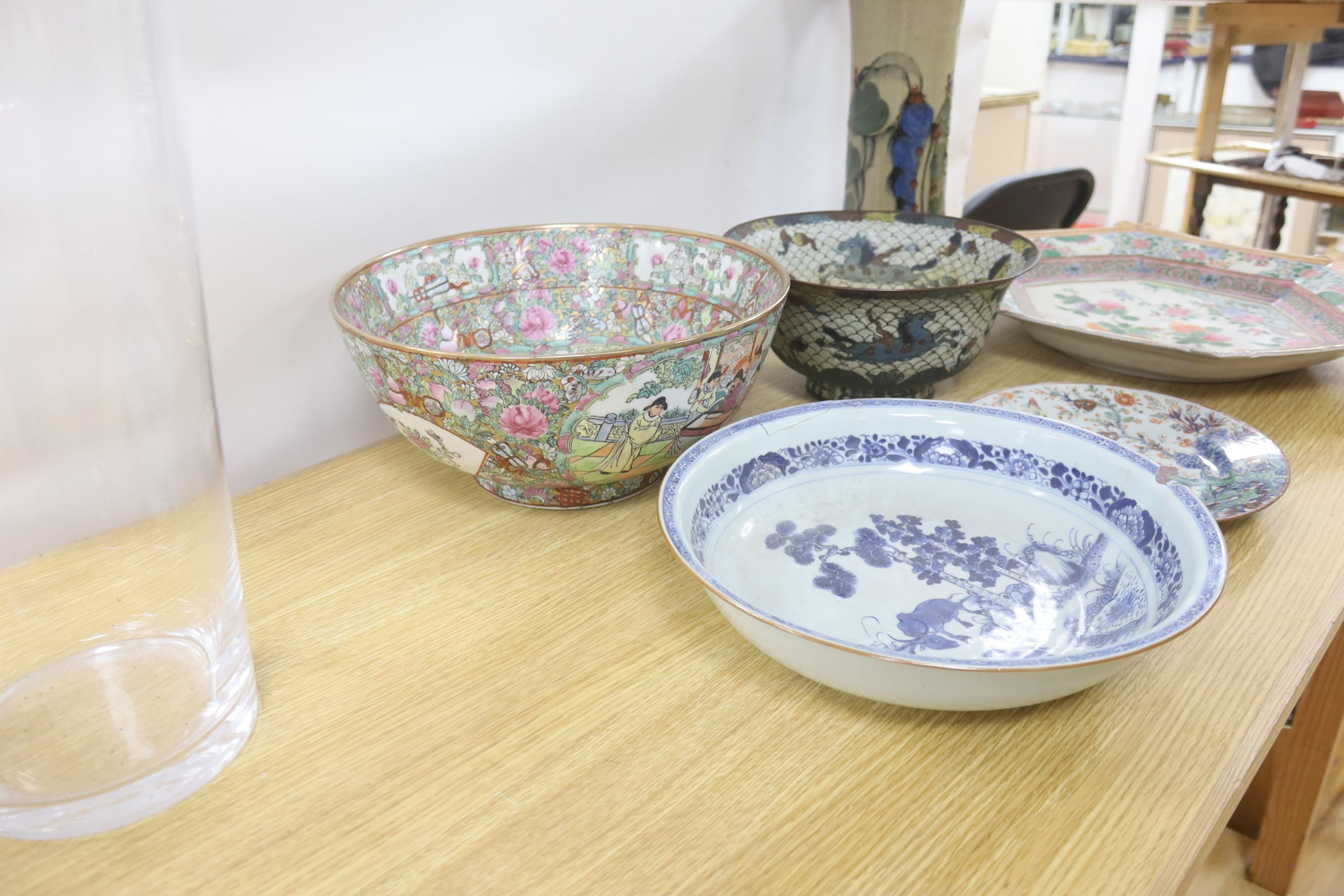 A large Japanese porcelain diamond shaped dish, 47cm, a Japanese cloisonné enamel ‘horses’ bowl, in Ming style, a Chinese famille rose bowl, a continental art pottery vase etc
